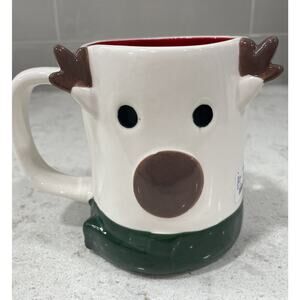 RAE DUNN “OH DEER” Reindeer Mug Antlers Scarf Double Sided Red Interior